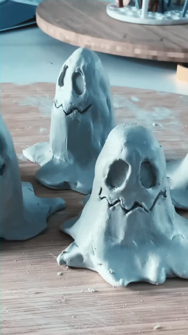 Small handmade ceramic ghost characters made by Casper