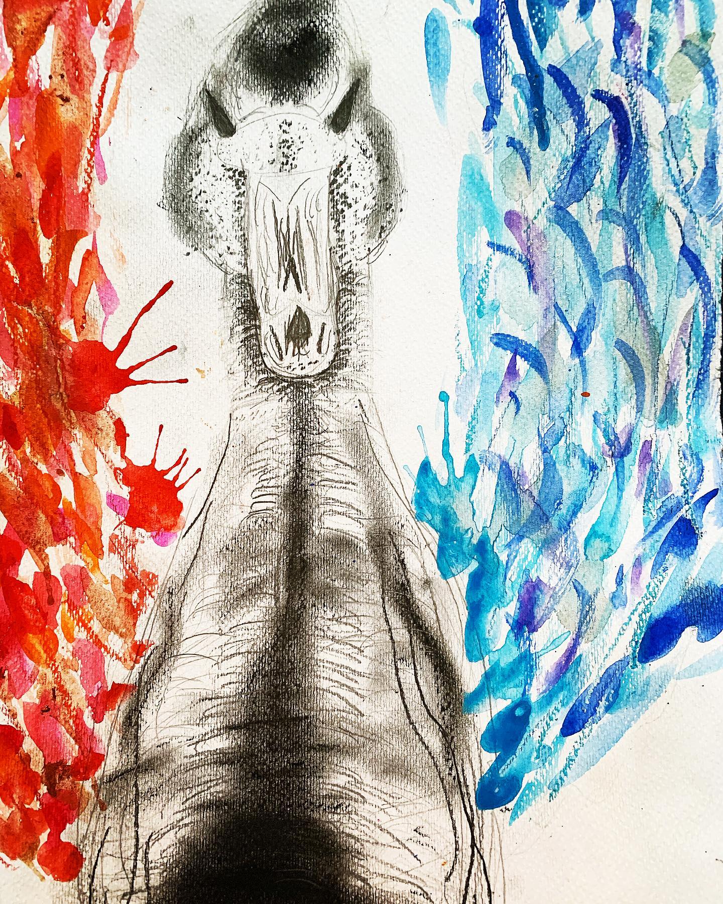 Goose fury by Casper Cullen: a goose surrounded by bright red and blue mixed media